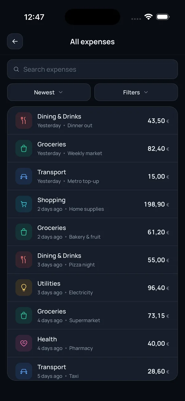 Logging an expense — category, date and amount — with a “make it recurring” shortcut.