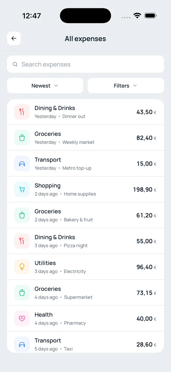 Logging an expense — category, date and amount — with a “make it recurring” shortcut.