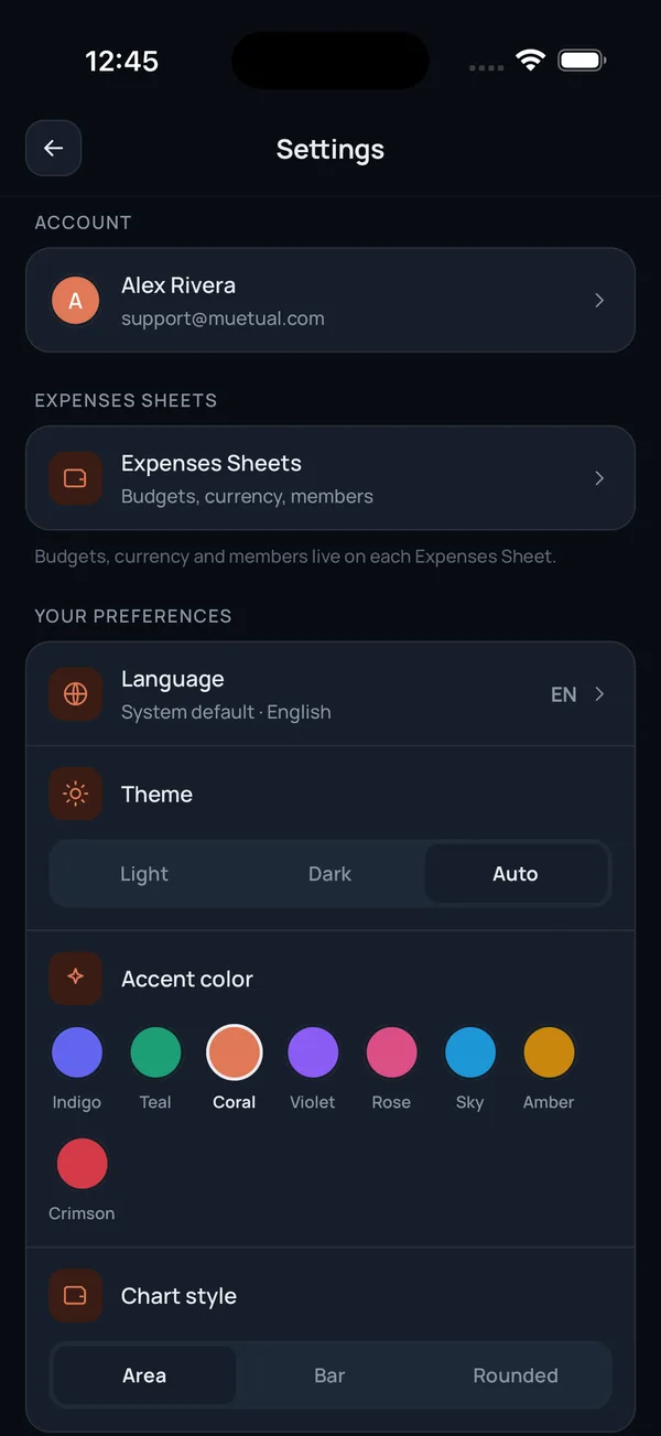 The Settings screen: theme, accent colour, chart style and language preferences.