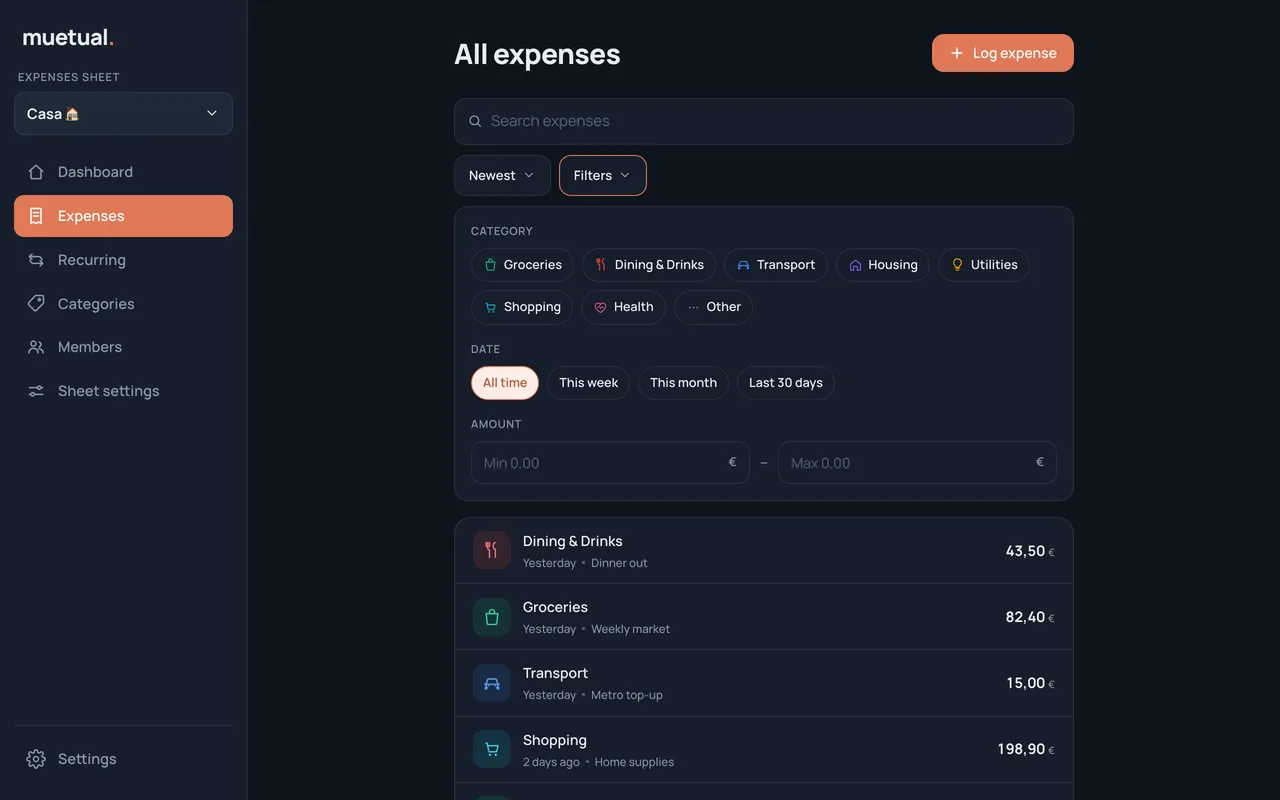 The all-expenses list with the filter panel open: category, date range and amount filters.