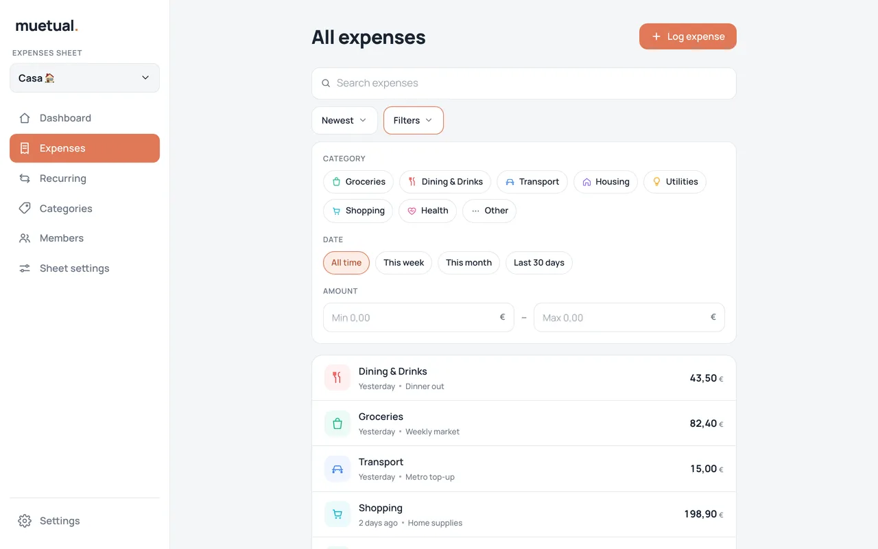 The all-expenses list with the filter panel open: category, date range and amount filters.