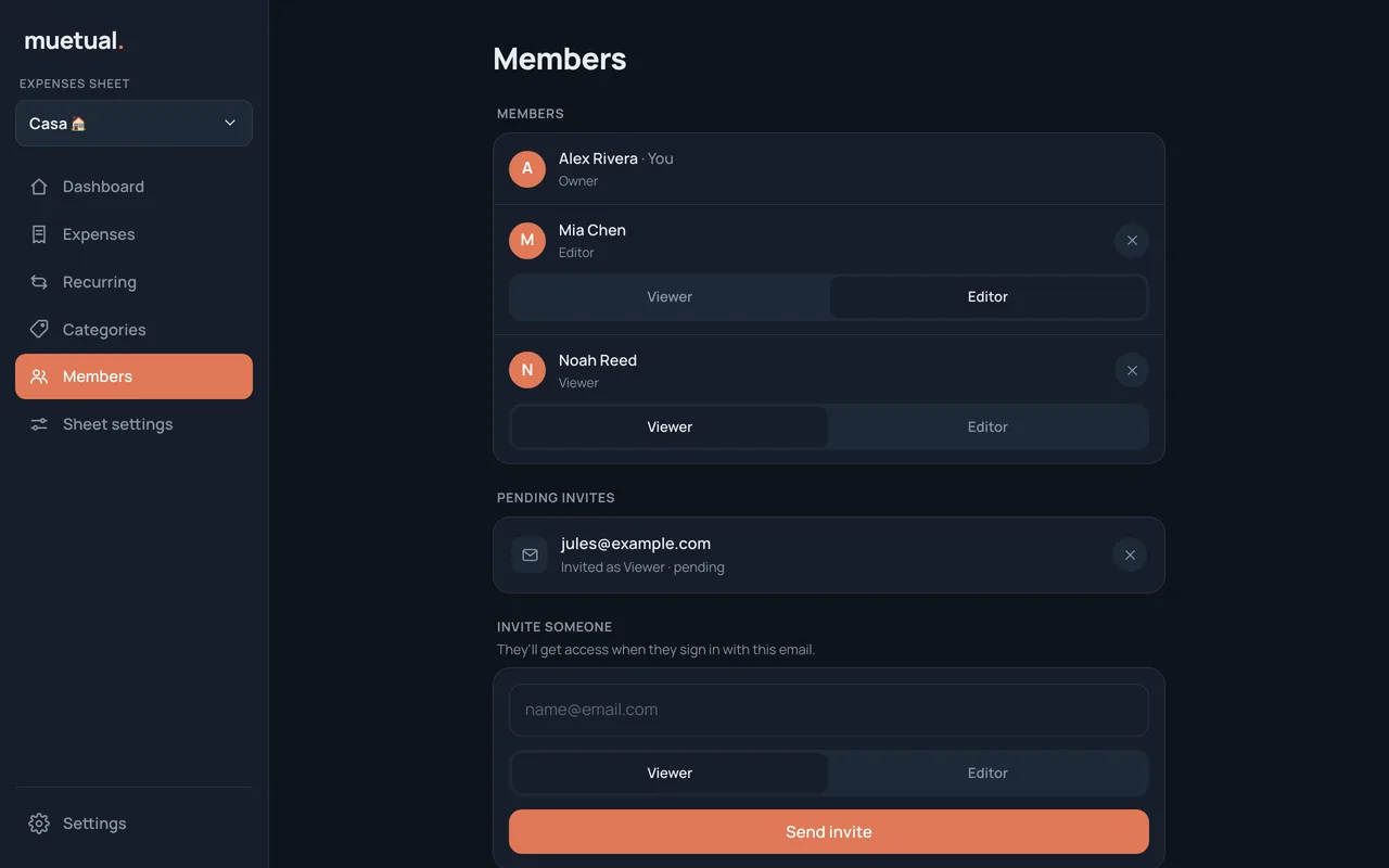 The Members screen, showing owner, editor and viewer roles and a pending invite.