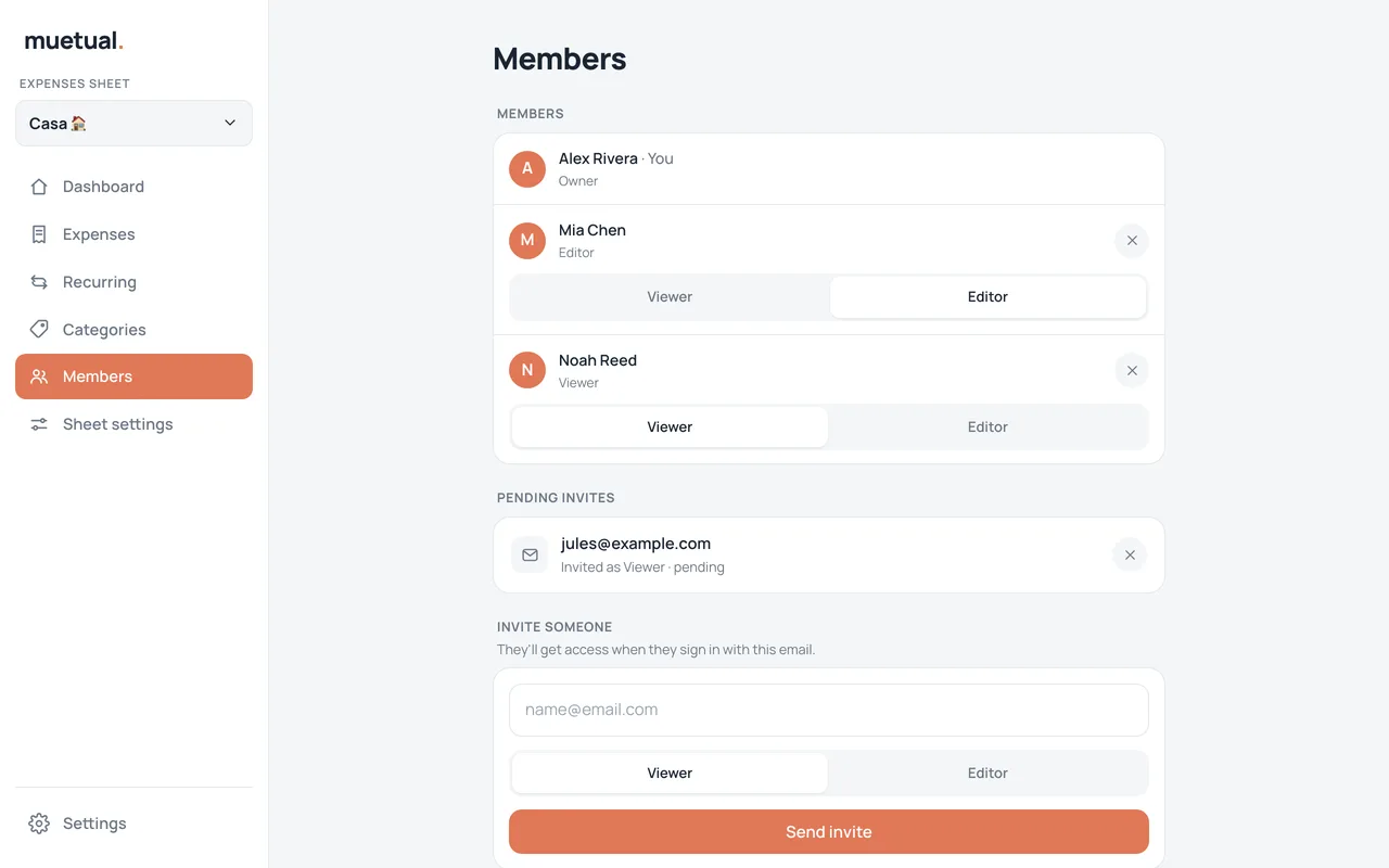 The Members screen, showing owner, editor and viewer roles and a pending invite.